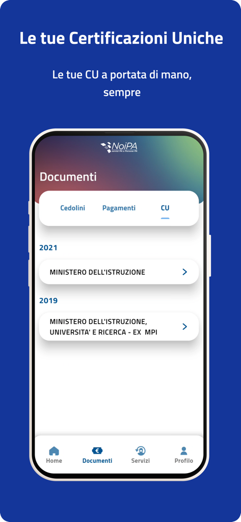 NoiPA - MEF - イタリア公務員向けの納税証明書を表示するNoiPAアプリのインターフェース。