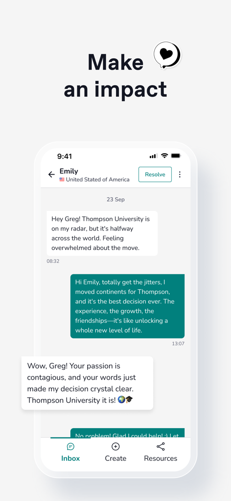 Unibuddy Ambassador - Chat interface of the Unibuddy Ambassador app showing a conversation between a student mentor and a prospective applicant