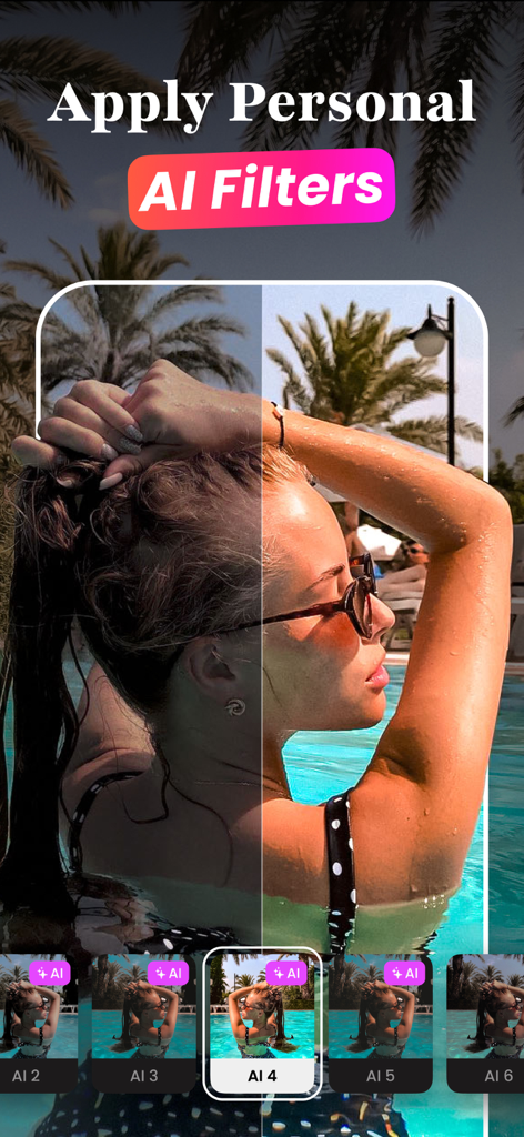 Una comparación lado a lado que muestra el efecto de un filtro IA en la foto de una mujer en una piscina