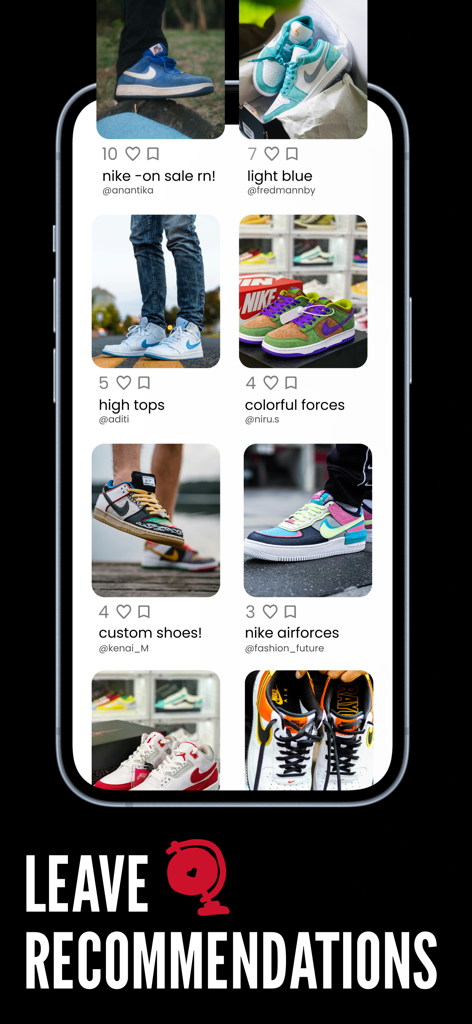 Treffa - Social Retail - Smartphone screen showing user recommendations for various sneakers on the Treffa social shopping platform.