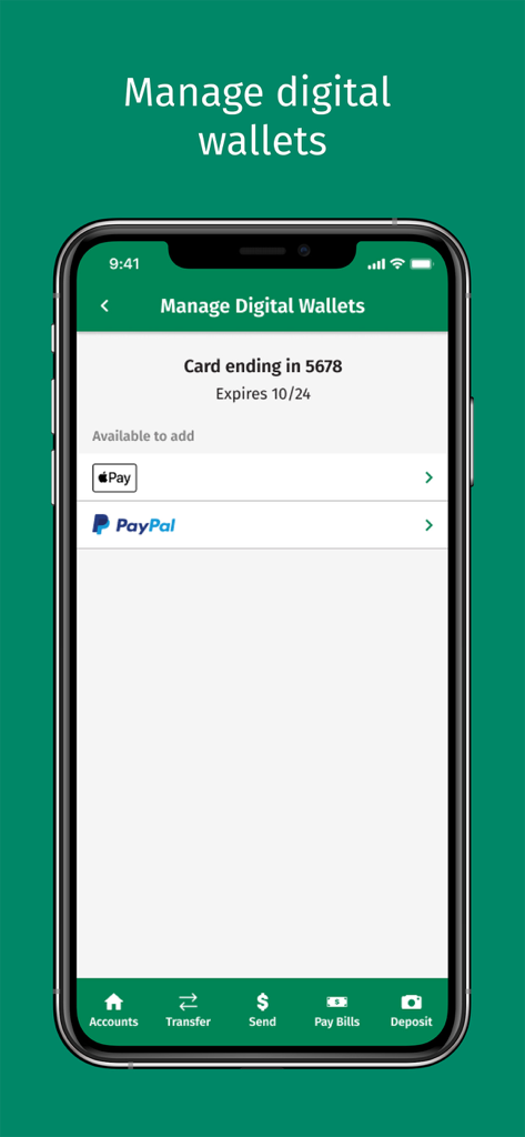 Citizens Bank mobile app interface for managing digital wallets including Apple Pay and PayPal options.