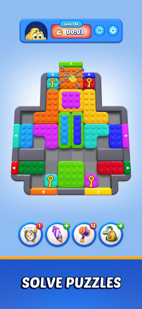 Color Block: Jam Puzzle 3D - Gameplay-Bildschirm von Color Block Jam Puzzle 3D, der ein buntes Block-Puzzle-Level mit Schlüsseln und Ketten zeigt