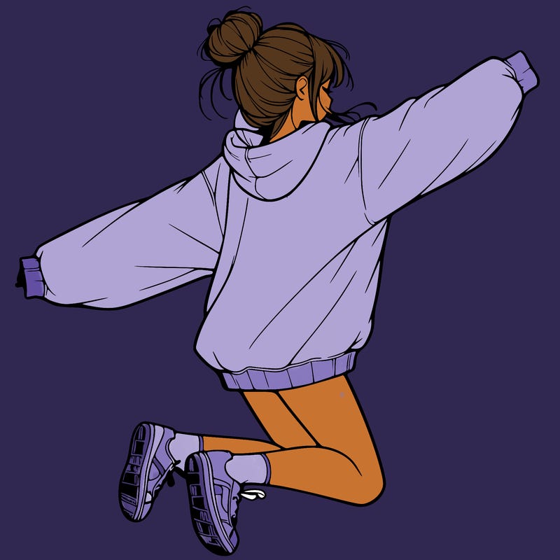 realistic girl jumping with a bun and oversized sweatshirt
