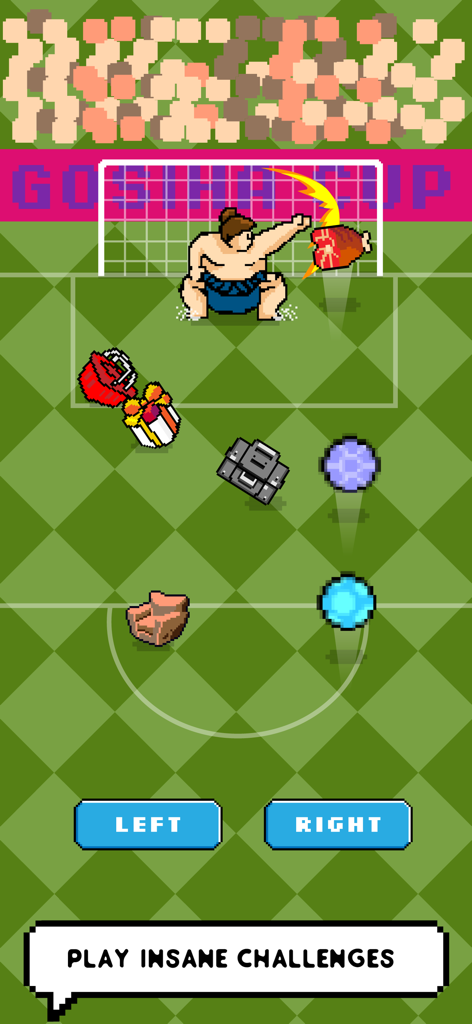 A pixel art sumo wrestler goalkeeper defending a soccer goal from flying meat and strange objects.