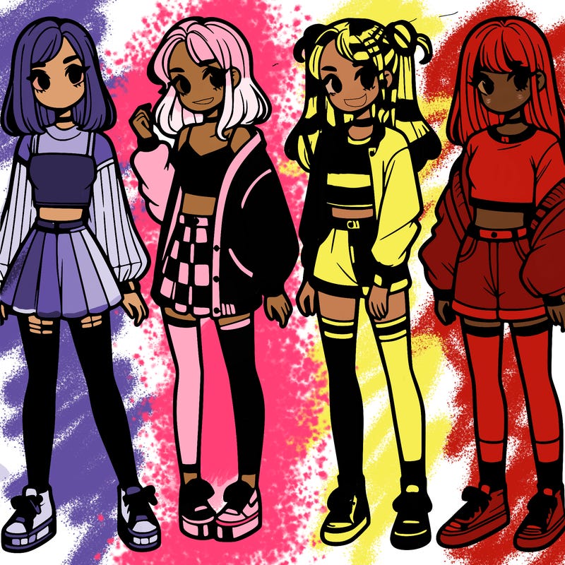one girl with crop-top shirt and a jacket with a skirt, long socks and another girl with a shirt and pants with a jacket