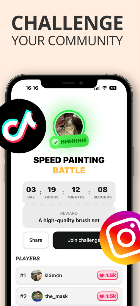 Goatyu app interface showing a speed painting battle with a countdown timer and player leaderboard