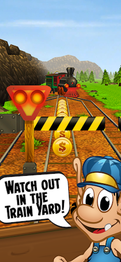 Hugo Troll Race Classic - Hugo the Troll on a railway track with an approaching steam train and gold coins