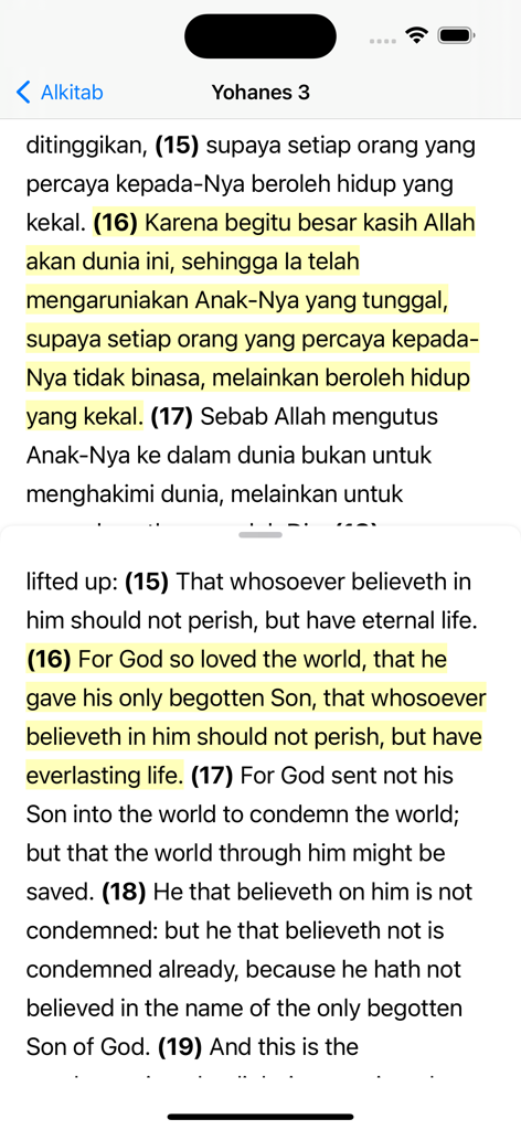 Alkitab - Bilingual view of Indonesian and English Bible verses in the Alkitab app.