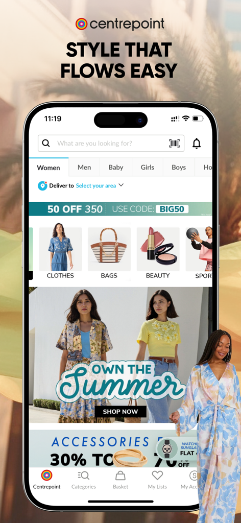 Centrepoint online shopping app home screen featuring summer fashion and category discounts