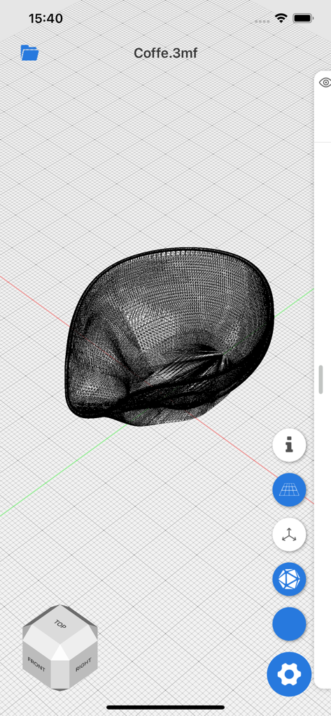 Viewer3D - Viewer3D app interface showing a 3D mesh model of a coffee cup in wireframe mode on a mobile device