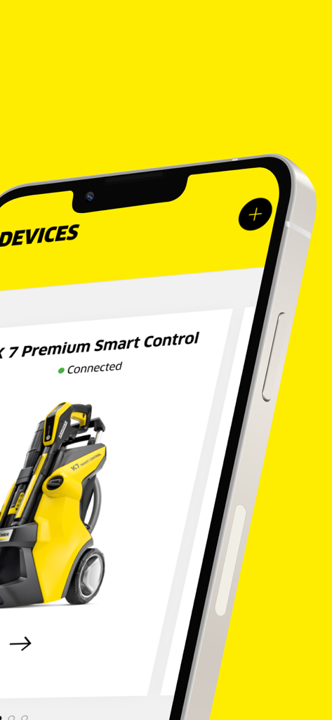Un écran de smartphone montrant l'application Karcher Home and Garden avec un nettoyeur haute pression K7 Premium Smart Control connecté