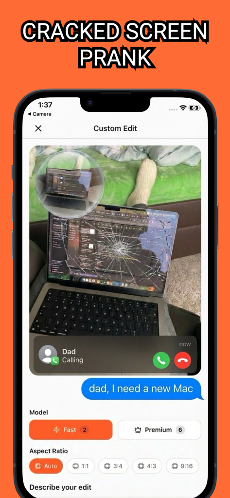 Bloom: AI photo editor - Interface do editor de fotos Bloom AI mostrando uma brincadeira de tela rachada em um laptop