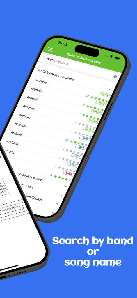 Guitar chords and tabs - Pantalla de búsqueda en la aplicación Acordes y tablaturas de guitarra mostrando resultados para la banda Arctic Monkeys con varias versiones de acordes y bajo.
