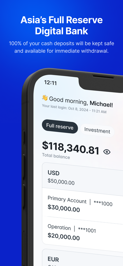 ORO Bank mobile app dashboard displaying a total balance and full reserve account information.