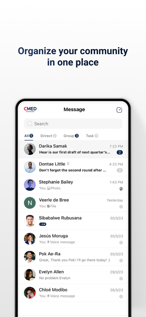 ChatWave mobile app interface showing a list of professional messages and chat categories