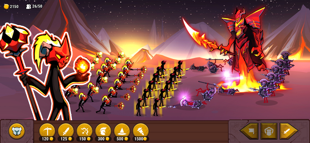 Stickman units attacking a giant fiery boss in a strategy battle