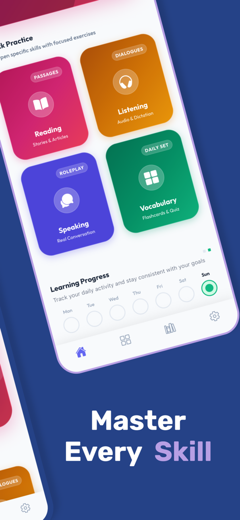A mobile app interface displaying English learning categories for reading, listening, speaking, and vocabulary skills.