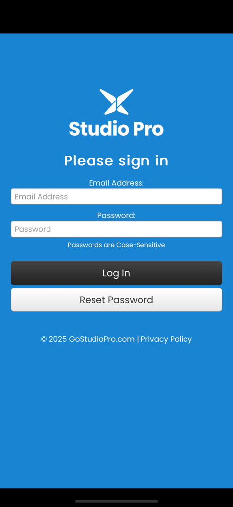 Studio Pro Portal - Tela de login do Studio Pro Portal