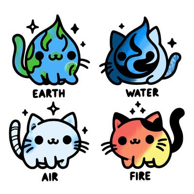 4 cats that represent the different elements, earth, water, air, and fire