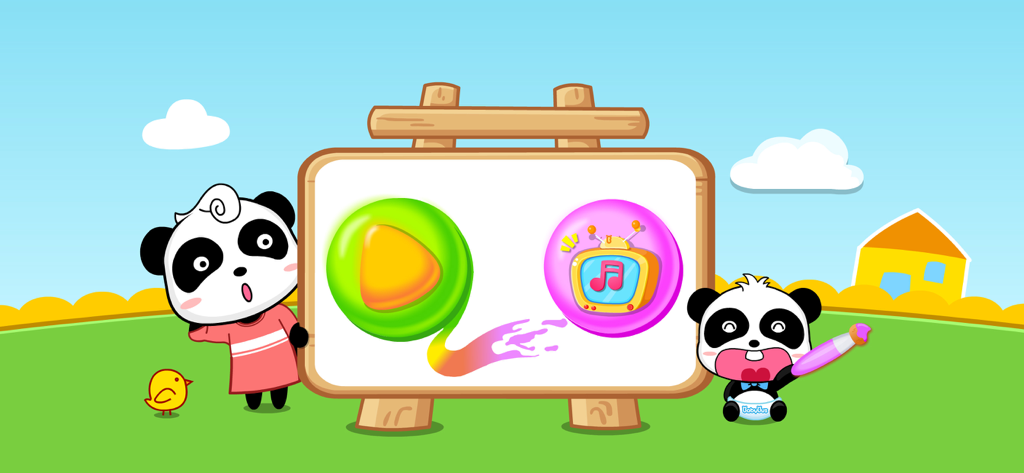 BabyBus Mal-App Hauptmenü mit Panda-Charakteren und interaktiven Schaltflächen auf einer Staffelei