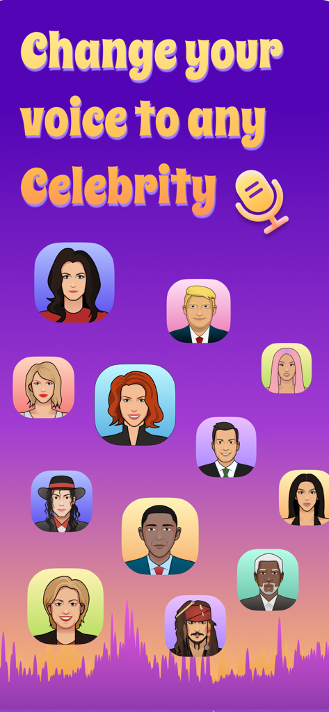 Prank Voice Changer - Interface showing cartoon celebrity avatars for voice changing and parody impressions