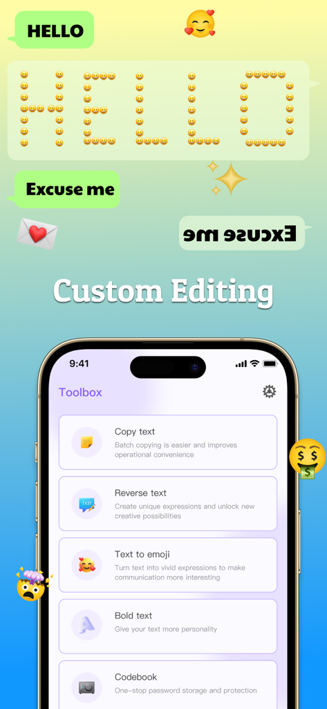 Fonts Art: Keyboard Fonts - A mobile app interface showing custom text editing tools including text to emoji and reverse text