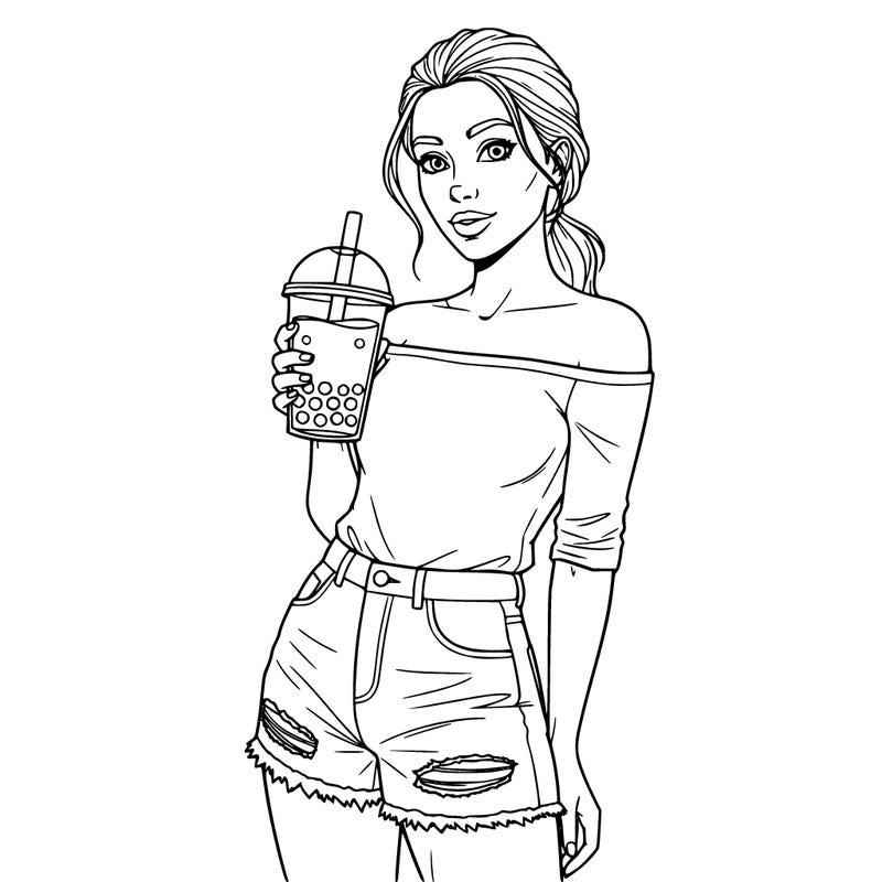 girl with a off shoulder shirt and ripped jean shorts and boba