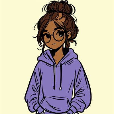 teen girl with a messy bun and glasses wearing a loose hoodie and jeans
