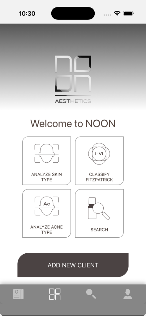 NOON Aesthetics - NOON Aesthetics app home screen for professional skin analysis and client management.