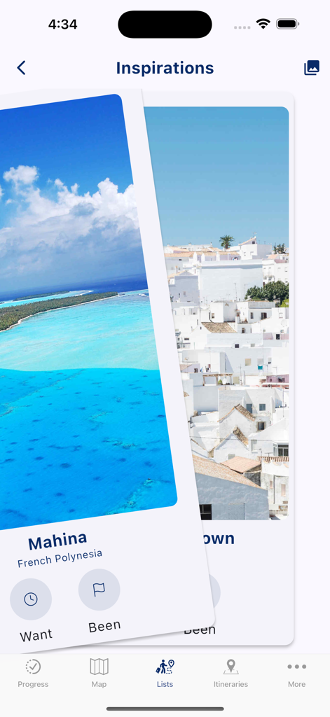 Visited: Travel Tracker & Map - Travel inspiration cards showing Mahina French Polynesia in the Visited app