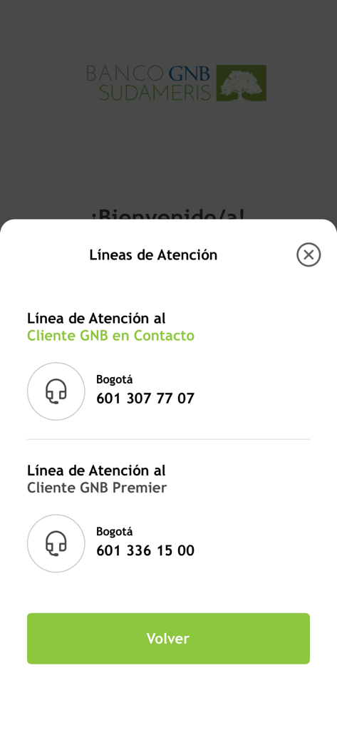 Banca Móvil GNB Sudameris - Líneas de atención al cliente para la aplicación móvil GNB Sudameris que muestran números de teléfono para Bogotá