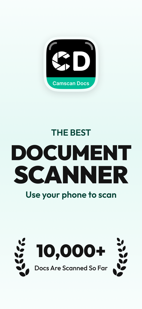 CamSCAN PDF・Document Scanner - Schermata introduttiva per CamSCAN PDF Document Scanner che evidenzia il traguardo di oltre 10.000 documenti scansionati.