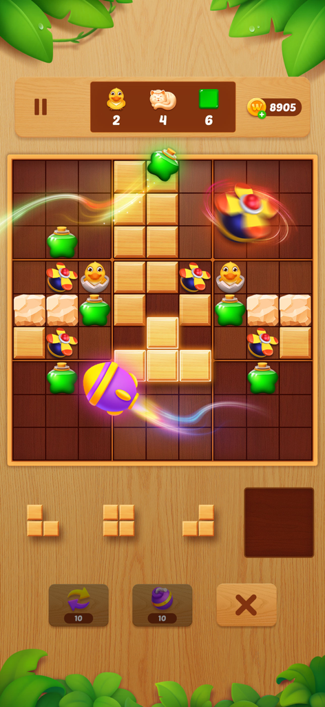Block Crush: Wood Block Puzzle - Gameplay of Block Crush wood block puzzle showing blocks and powerups on a wooden grid