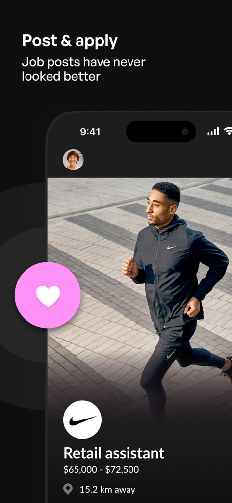 Getahead - Swipe a job today - Getahead app interface showing a retail assistant job post at Nike with a heart button for swiping