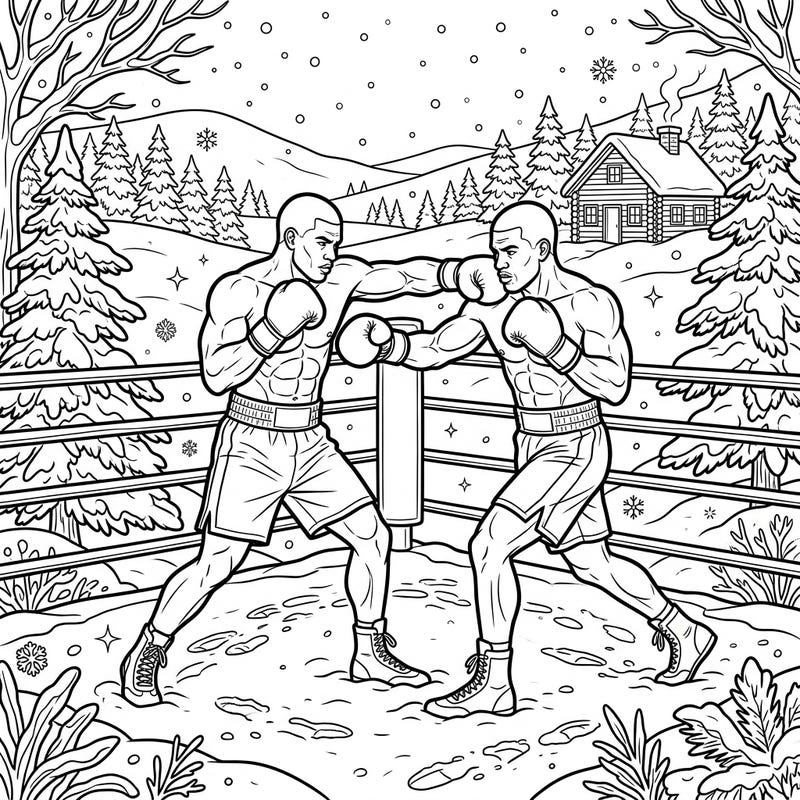 Step into the ring with this dynamic coloring page showcasing two powerful heavyweight boxers in an unexpected winter setting. Immerse yourself in the action and the crisp beauty of a snowy landscape.