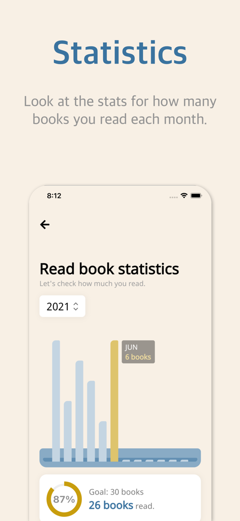 Bookmory app screen showing monthly reading statistics with a bar chart and progress towards an annual book goal