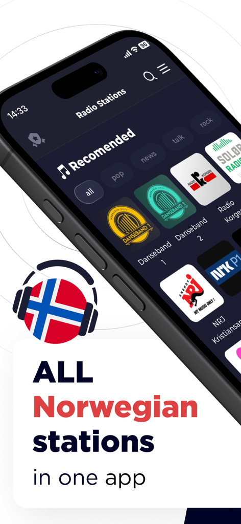 Radio Norway FM Live Online - Smartphone screen showing a recommended list of Norwegian radio stations including NRJ and Danseband