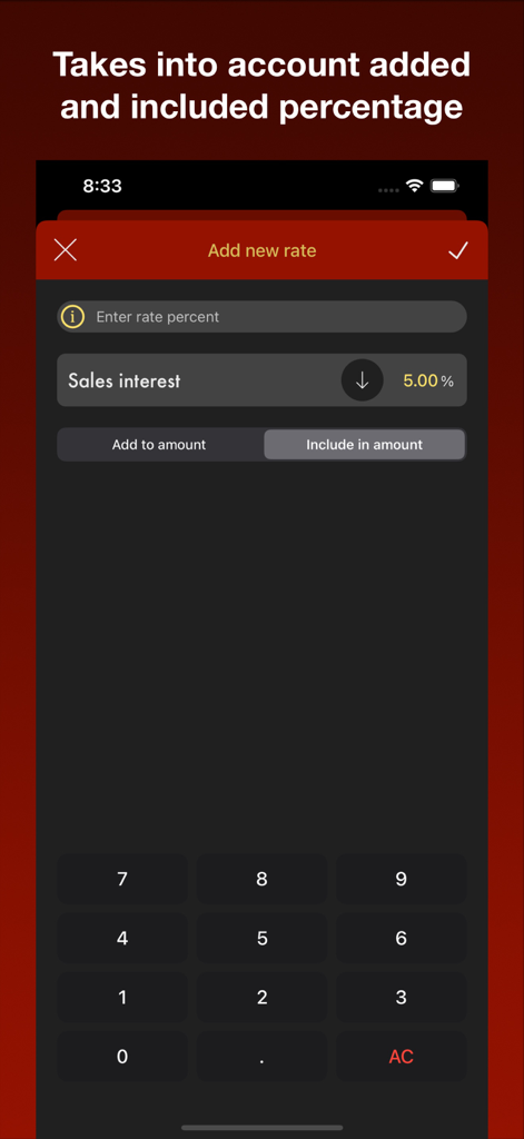 Plus & Minus Percent - Pantalla para añadir una nueva tasa de porcentaje en la aplicación Plus & Minus Percent con opciones para interés añadido o incluido.