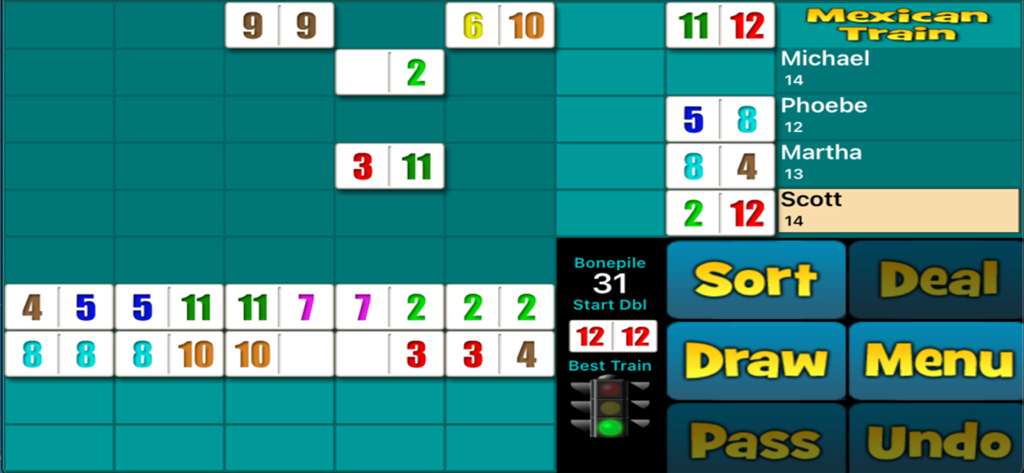 Mexican Train Dominoes 2 gameplay showing domino tiles with large colored numbers instead of dots