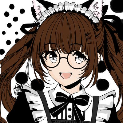 anime girl with her hair tied in ponytail wearing a maid cafe outfit with cat ears smiling and glasses