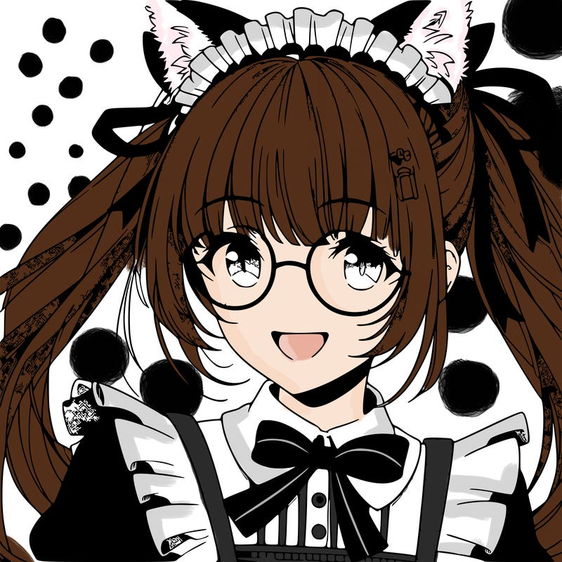 anime girl with her hair tied in ponytail wearing a maid cafe outfit with cat ears smiling and glasses