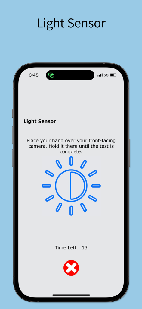 iDiagnosis app light sensor hardware test interface on an iPhone