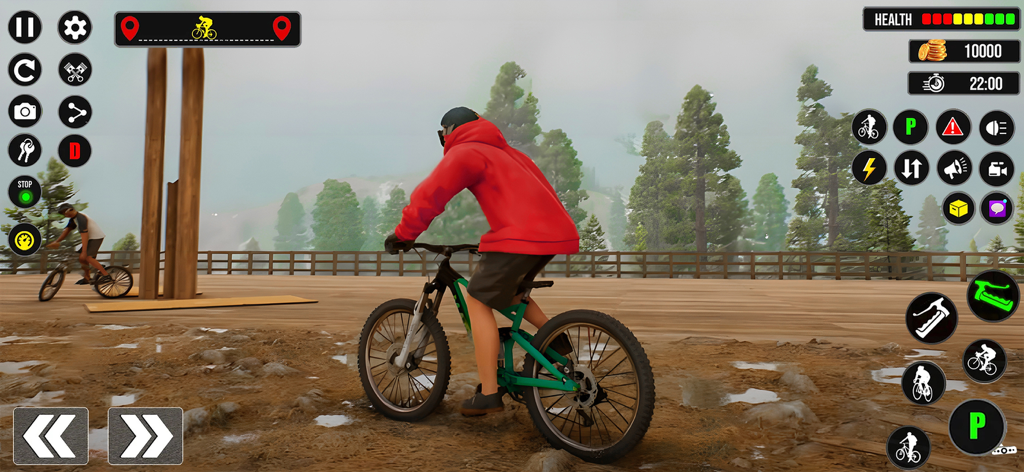 Un personaje montando una bicicleta de montaña verde por un sendero forestal en el juego BMX Mad Bicycle Bike Rider