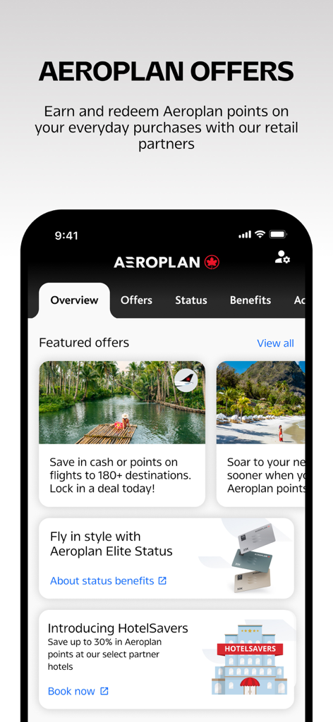 Air Canada Aeroplan app overview screen featuring travel rewards and points offers