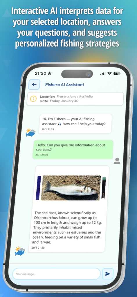 Fishero - Angler Forecast - The Fishero AI Assistant providing facts and an image of a sea bass in a mobile chat window