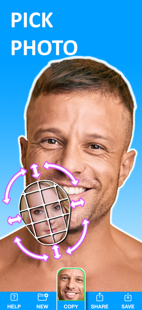 Copy Replace Photo Face Swap - Interface do aplicativo Copy Replace Photo Face Swap mostrando um rosto sendo ajustado sobre outra imagem