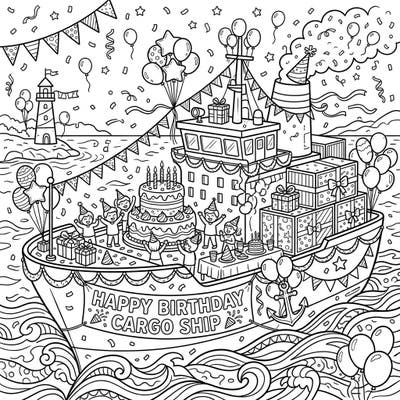All aboard for a fantastic birthday celebration at sea! This delightful coloring page features a festive cargo ship adorned with cakes, balloons, and happy party-goers, ready for your creative touch.