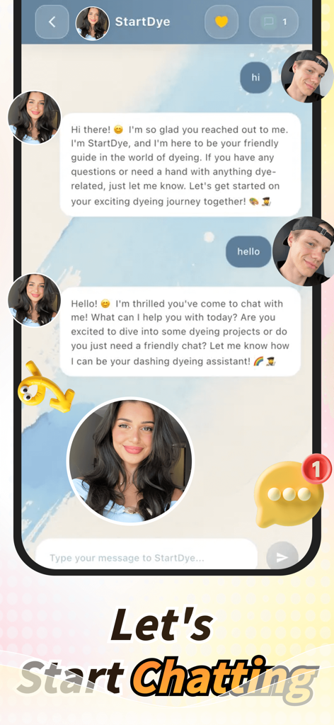Rocy - Moment & Wonderful - プロの衣類染色ガイダンスのためのStartDye AIアシスタントとの会話を示すRocyアプリ内のチャットインターフェース。