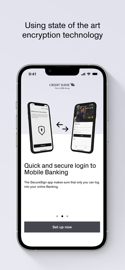 SecureSign app interface for secure Credit Suisse mobile banking login with encryption technology