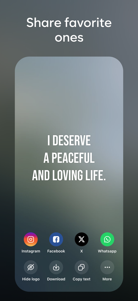 Aura - Daily Affirmations AI - Aura app screen displaying a peaceful life affirmation with social media sharing icons